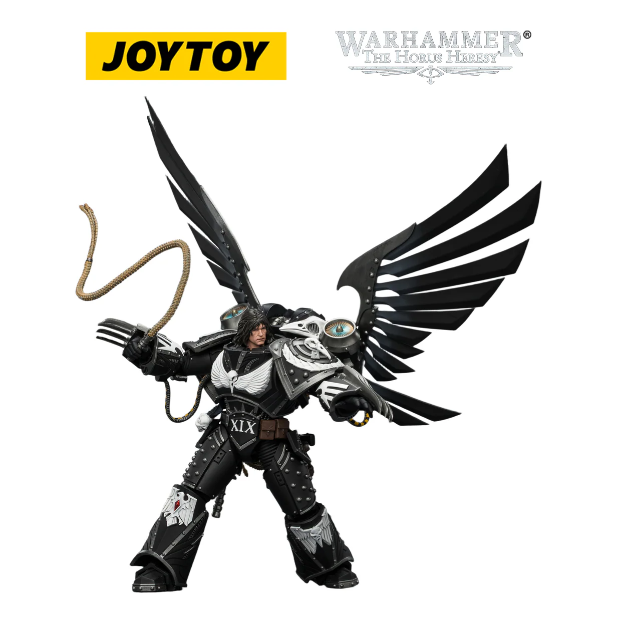 JOYTOY Warhammer The Horus Heresy - Raven Guard Corvus Corax, Primarch of the XIX Legion with Artificer-crafted Lightning Talons, Archaeotech Pistols, and Whip (1/18 Scale) & Exclusive T Shirt